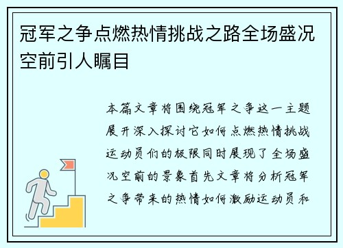 冠军之争点燃热情挑战之路全场盛况空前引人瞩目