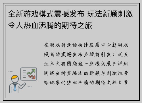 全新游戏模式震撼发布 玩法新颖刺激令人热血沸腾的期待之旅