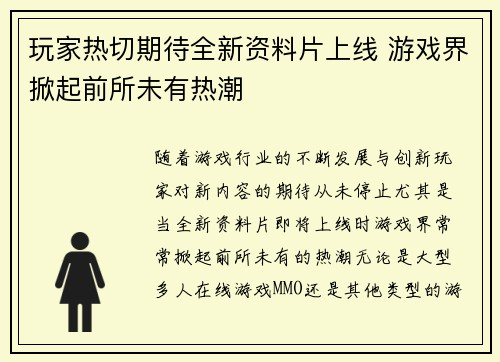 玩家热切期待全新资料片上线 游戏界掀起前所未有热潮