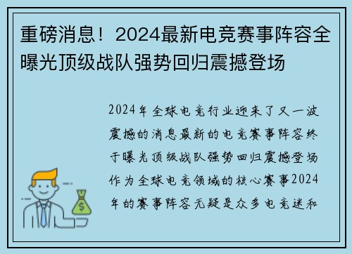 重磅消息！2024最新电竞赛事阵容全曝光顶级战队强势回归震撼登场