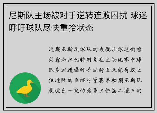 尼斯队主场被对手逆转连败困扰 球迷呼吁球队尽快重拾状态