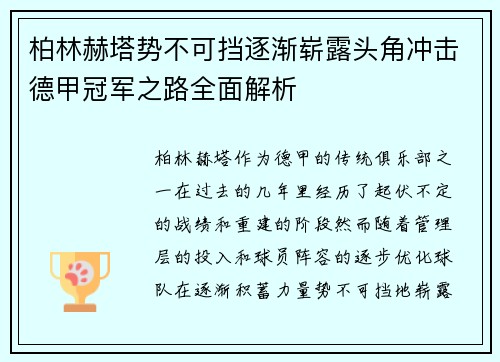 柏林赫塔势不可挡逐渐崭露头角冲击德甲冠军之路全面解析