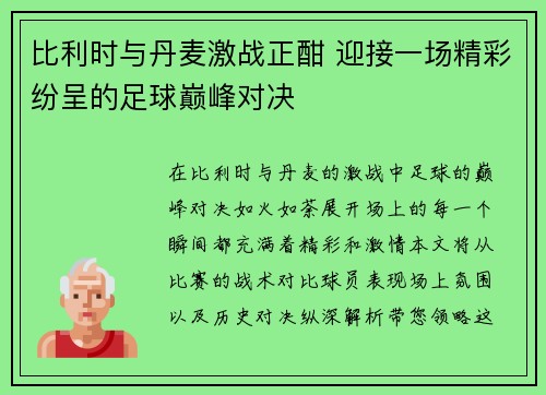 比利时与丹麦激战正酣 迎接一场精彩纷呈的足球巅峰对决