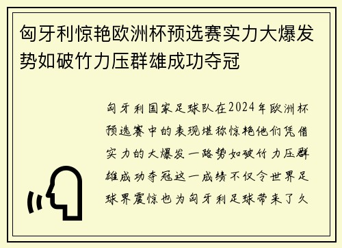 匈牙利惊艳欧洲杯预选赛实力大爆发势如破竹力压群雄成功夺冠