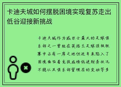 卡迪夫城如何摆脱困境实现复苏走出低谷迎接新挑战