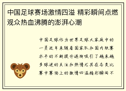 中国足球赛场激情四溢 精彩瞬间点燃观众热血沸腾的澎湃心潮