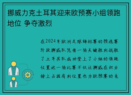 挪威力克土耳其迎来欧预赛小组领跑地位 争夺激烈