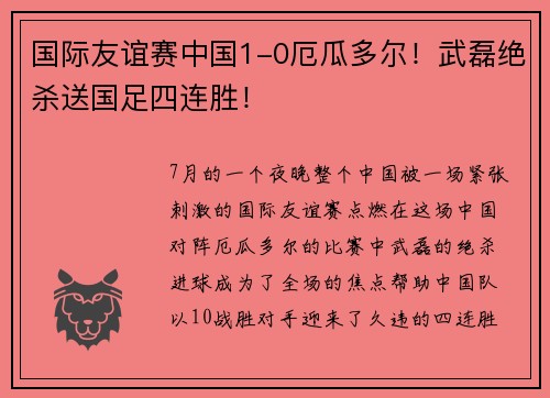 国际友谊赛中国1-0厄瓜多尔！武磊绝杀送国足四连胜！